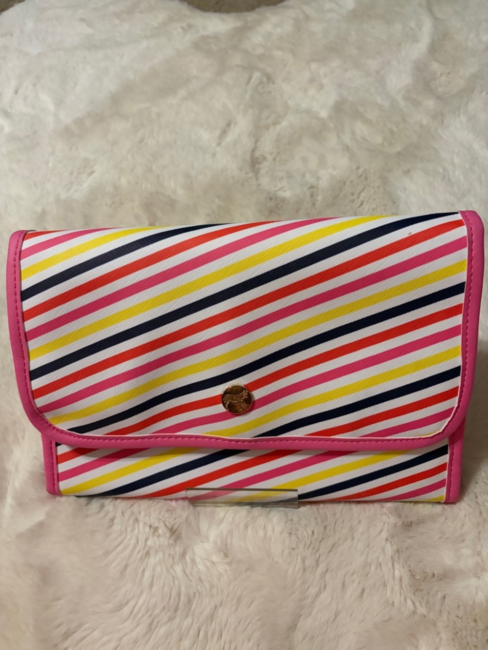 Dabney Lee Diagonal Multicolor Stripe Travel Makeup Case with Pink Trim